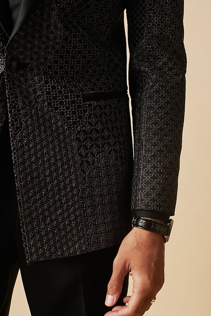 Black Wool Silk Blend Embroidered Tuxedo by Philocaly at Pernia's Pop Up Shop