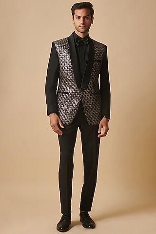 Black Wool Hand Embroidered Tuxedo by Philocaly