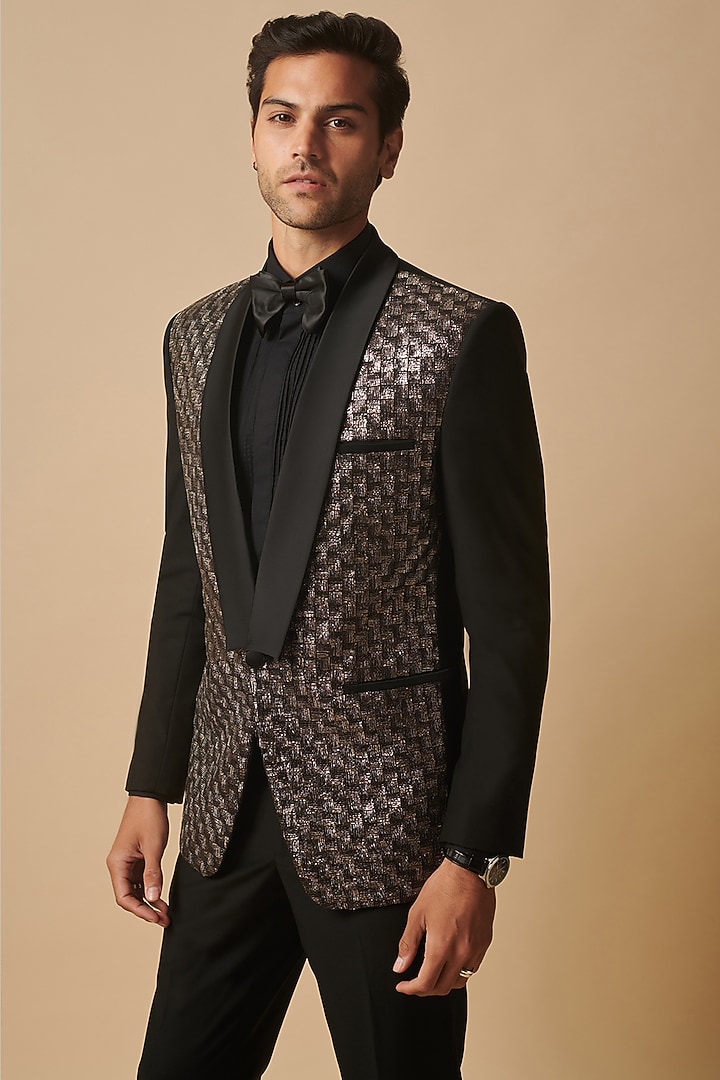 Black Wool Hand Embroidered Tuxedo by Philocaly at Pernia's Pop Up Shop