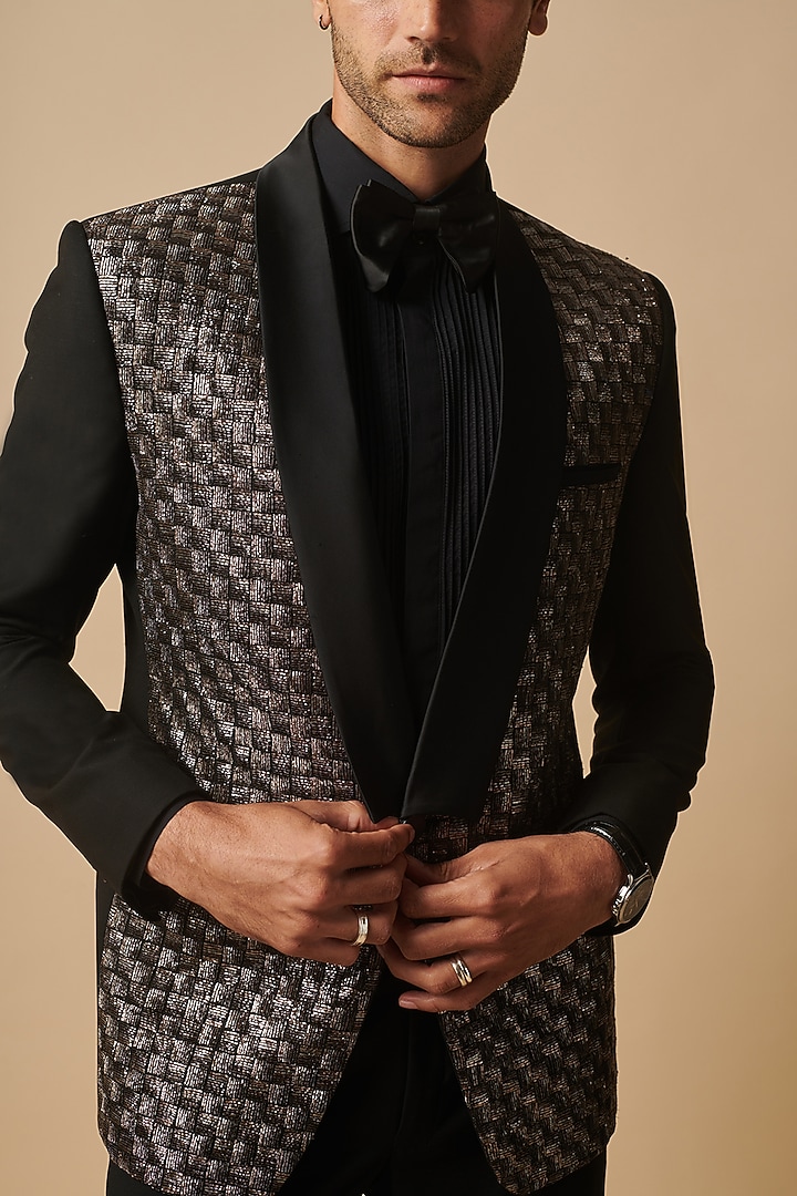 Black Wool Hand Embroidered Tuxedo by Philocaly at Pernia's Pop Up Shop