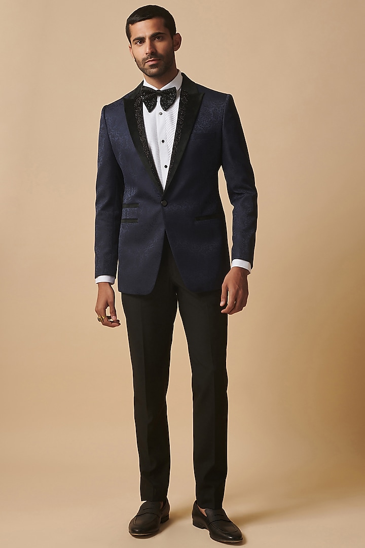 Blue Jacquard Hand Embroidered Tuxedo by Philocaly