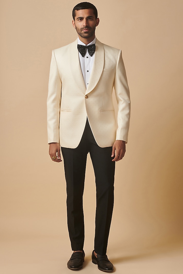 White & Gold Brocade Textured Tuxedo by Philocaly
