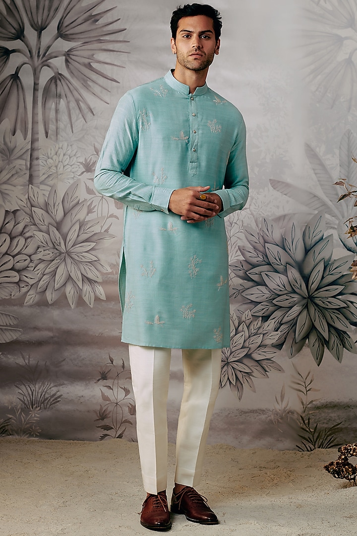 Blue Cotton & Silk Blend Embroidered Kurta by Philocaly