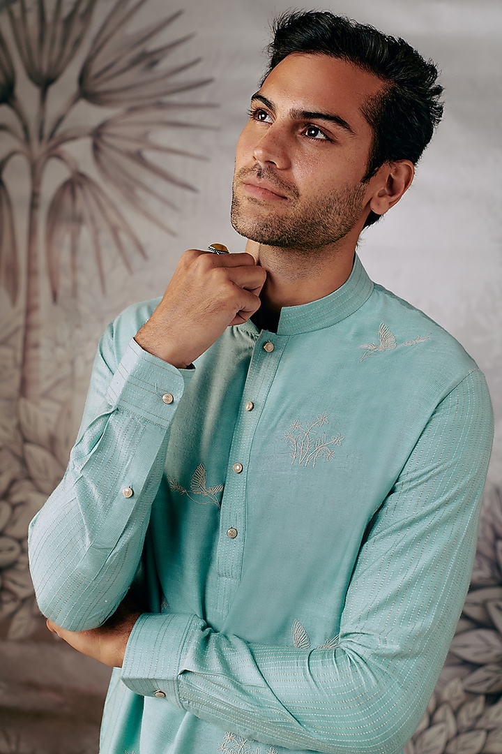 Blue Cotton & Silk Blend Embroidered Kurta by Philocaly at Pernia's Pop Up Shop