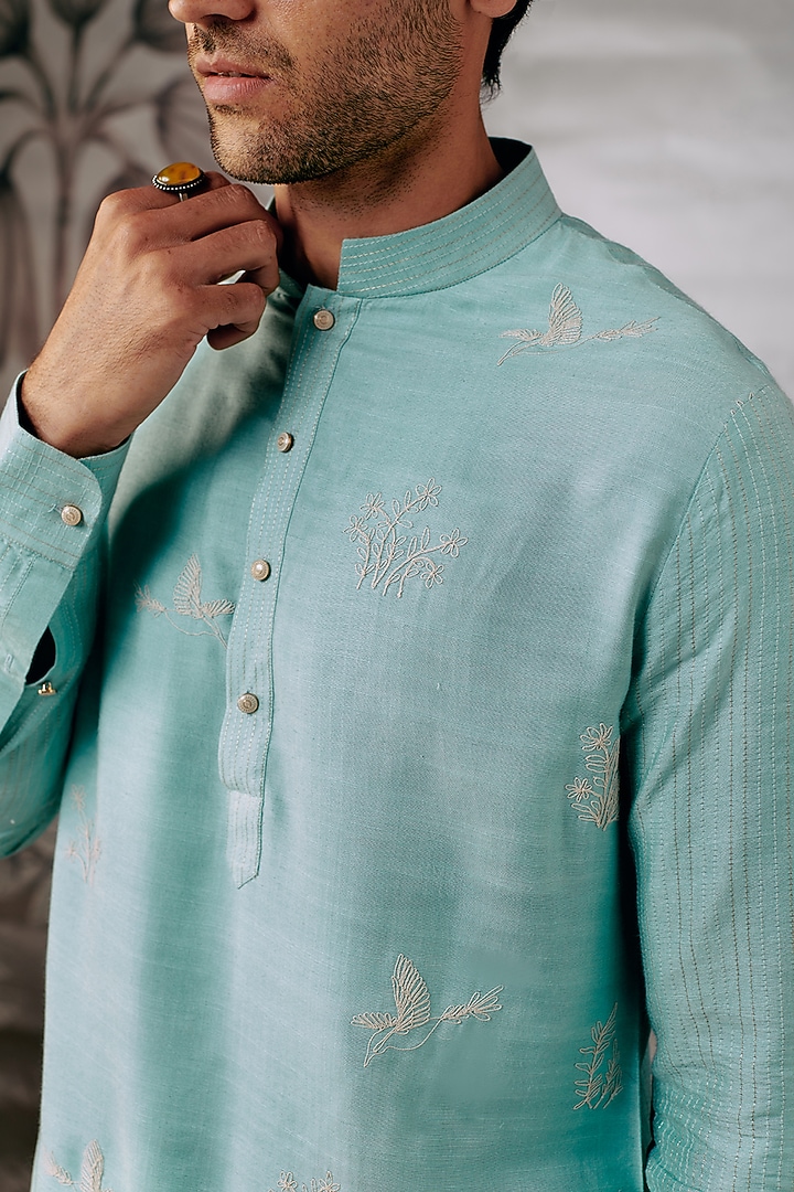 Blue Cotton & Silk Blend Embroidered Kurta by Philocaly at Pernia's Pop Up Shop