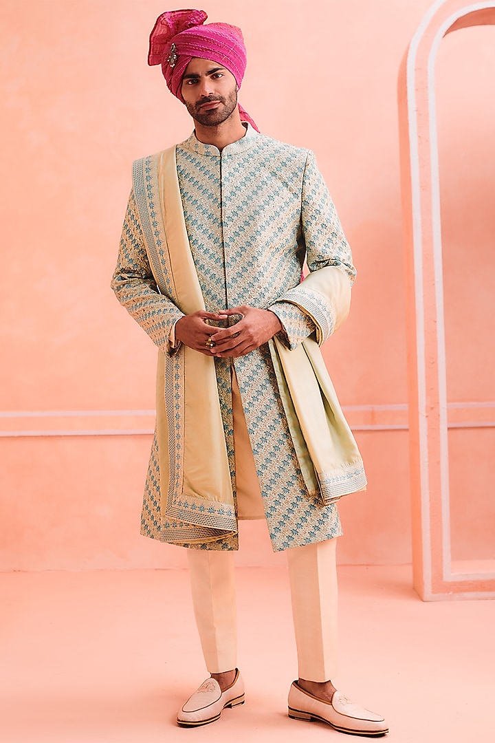 Green Silk Embroidered Sherwani Set by Philocaly