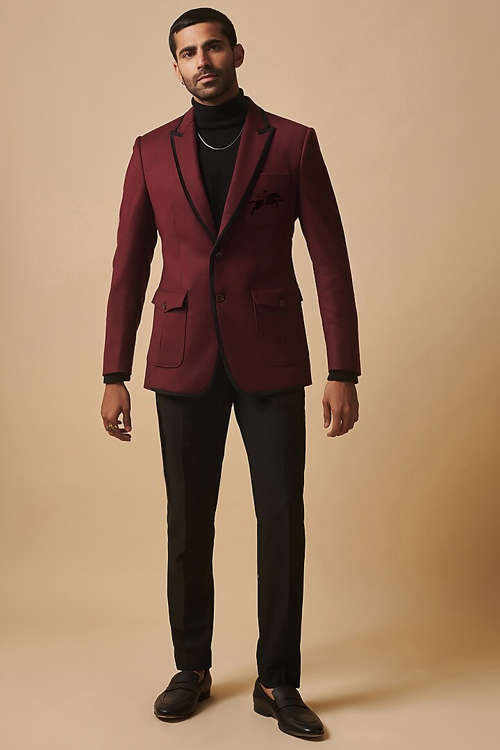 Wine Wool Embroidered Blazer by Philocaly