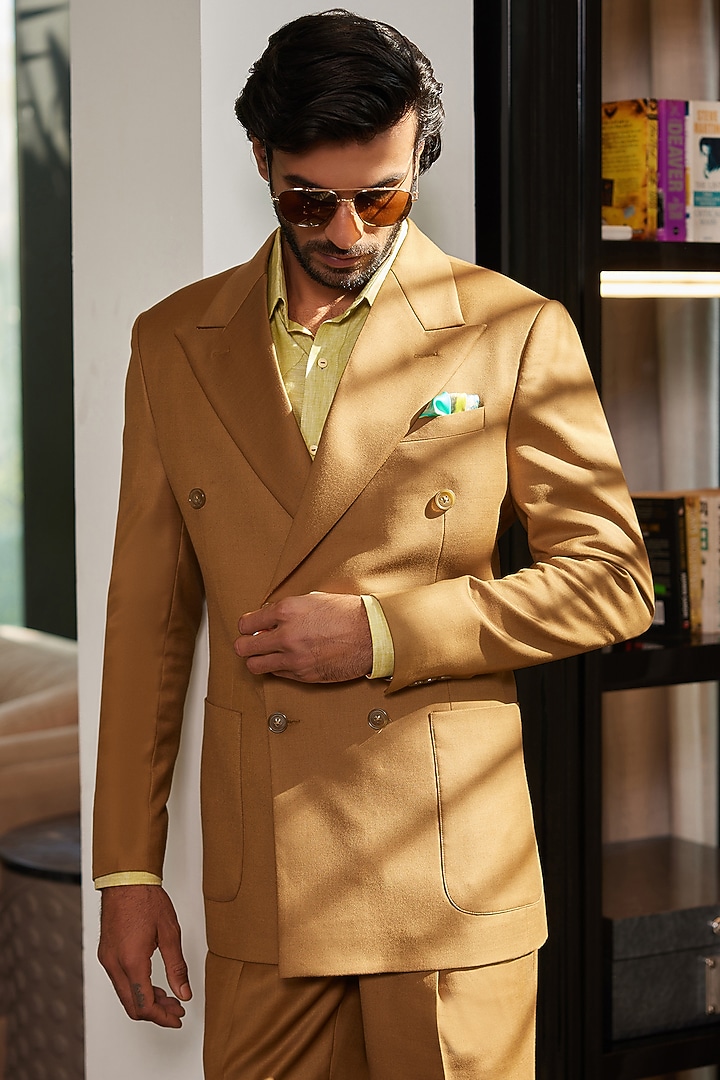 Yellow Ochre Perennial Wool Double-Breasted Blazer by Philocaly at Pernia's Pop Up Shop