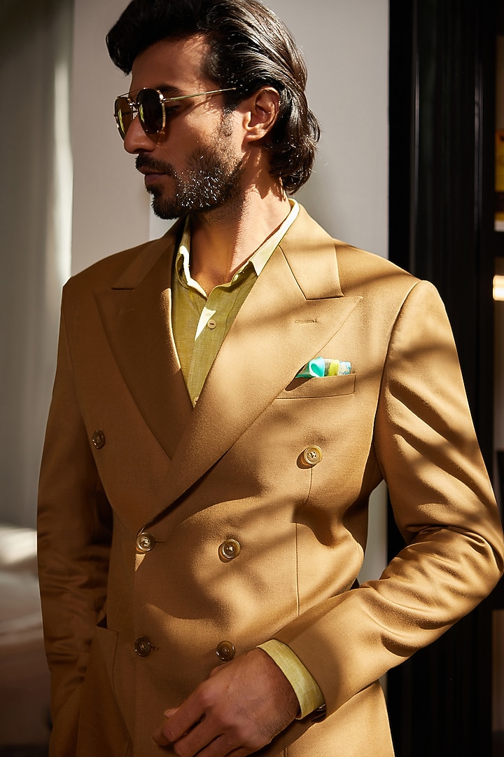 Yellow Ochre Perennial Wool Double-Breasted Blazer by Philocaly at Pernia's Pop Up Shop