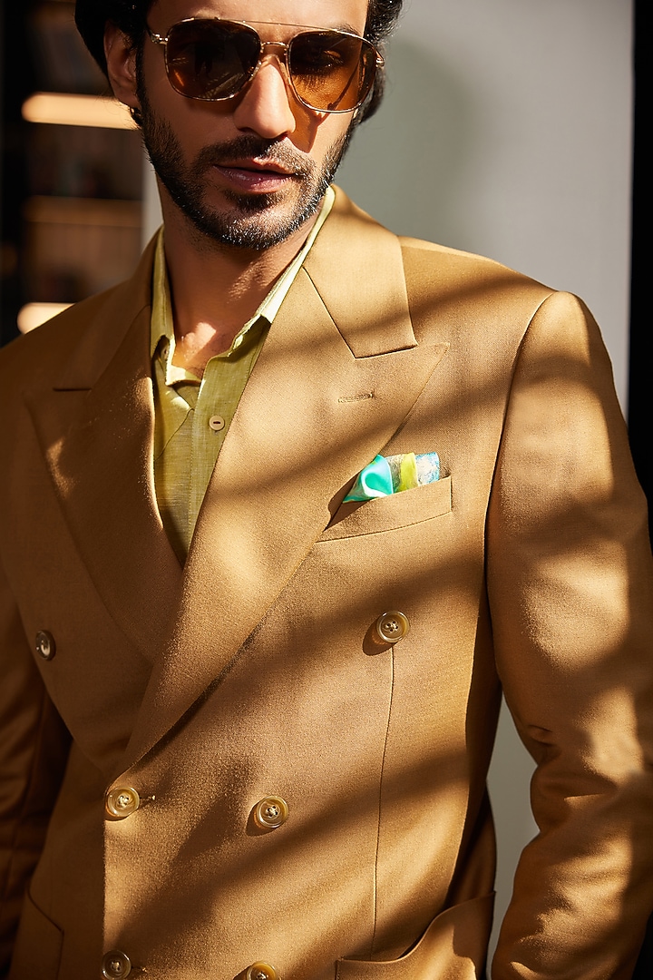Yellow Ochre Perennial Wool Double-Breasted Blazer by Philocaly at Pernia's Pop Up Shop