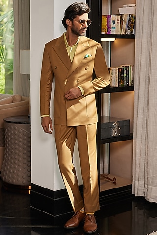 Yellow Ochre Perennial Wool Double-Breasted Blazer Set by Philocaly