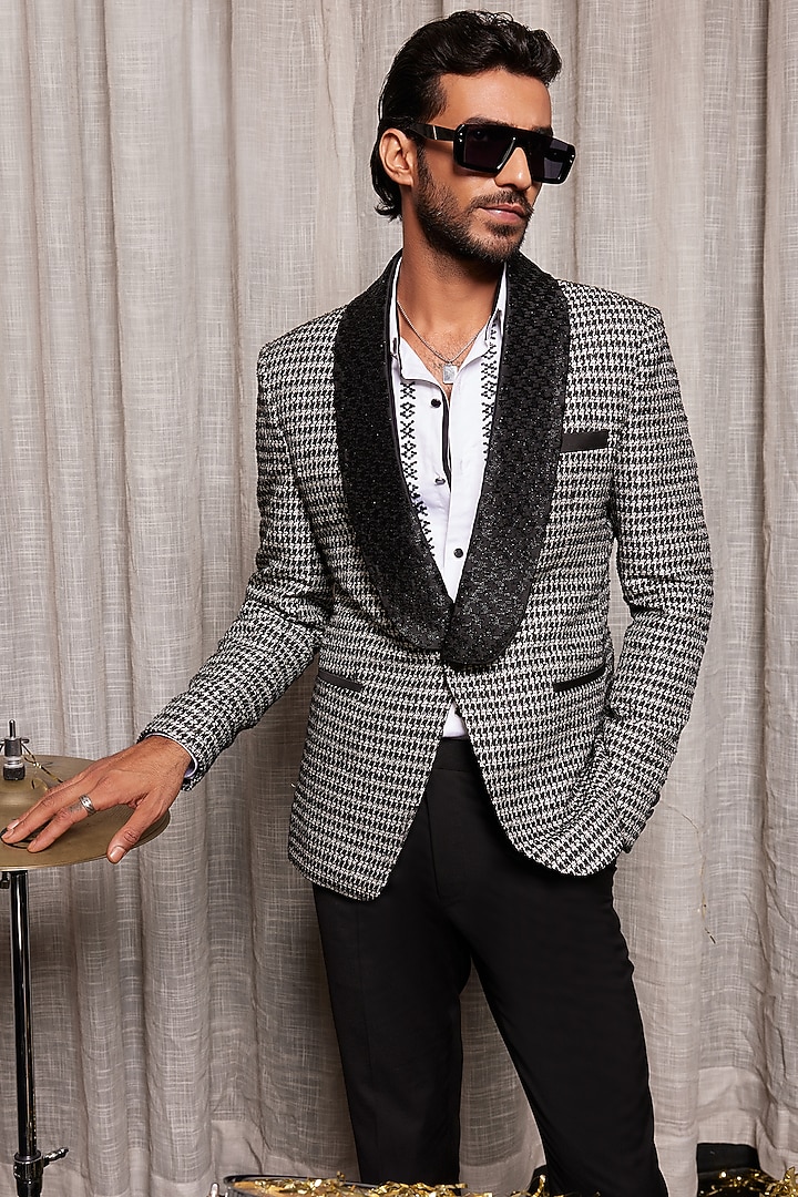 Black & White Wool Embroidered Houndstooth Tuxedo by Philocaly at Pernia's Pop Up Shop