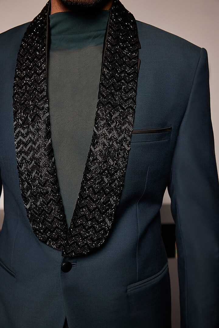 Emerald Green Wool Blend Hand Embroidered Tuxedo by Philocaly at Pernia's Pop Up Shop
