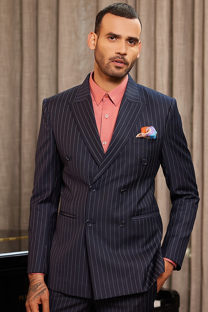 Navy Blue Perennial Wool Double-Breasted Pinstripe Blazer by Philocaly