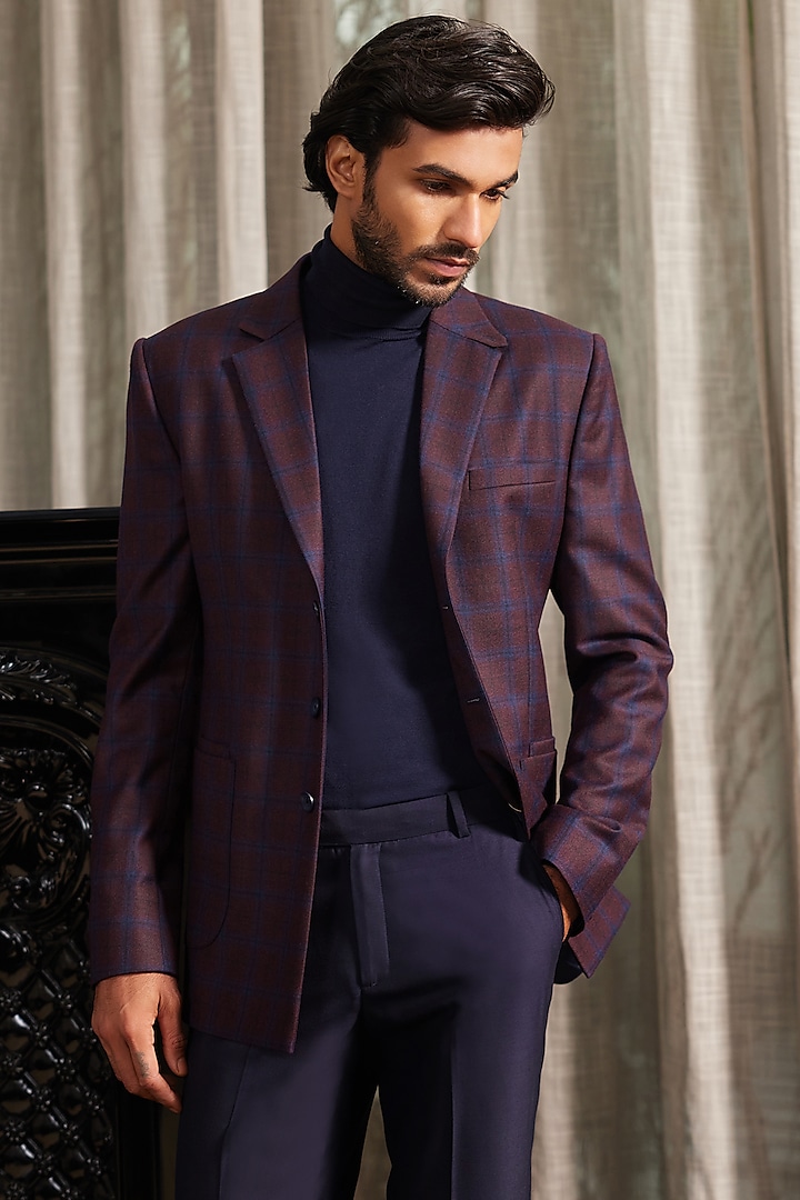 Maroon & Navy Blue Wool Blend Checkered Blazer by Philocaly