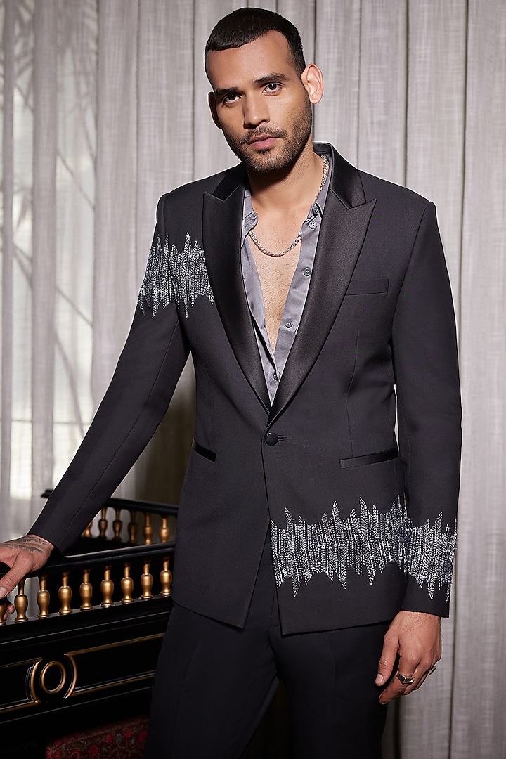 Black Perennial Wool Metallic Embroidered Tuxedo by Philocaly