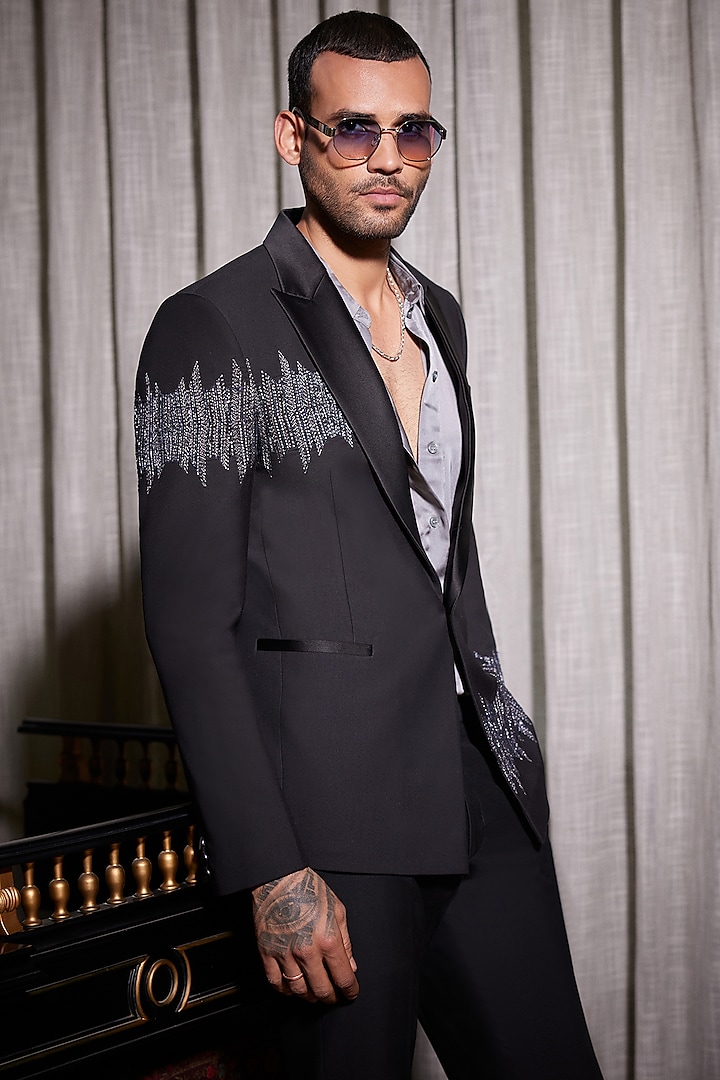 Black Perennial Wool Metallic Embroidered Tuxedo by Philocaly at Pernia's Pop Up Shop