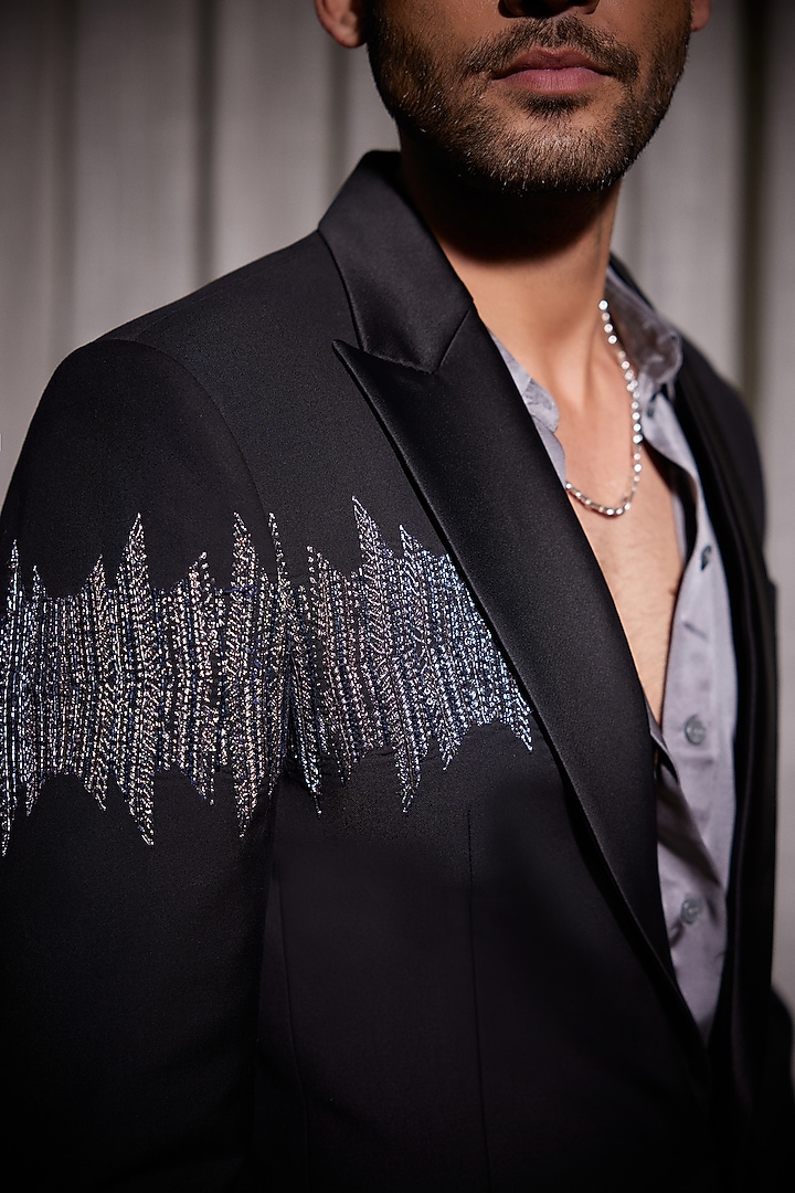 Black Perennial Wool Metallic Embroidered Tuxedo by Philocaly at Pernia's Pop Up Shop