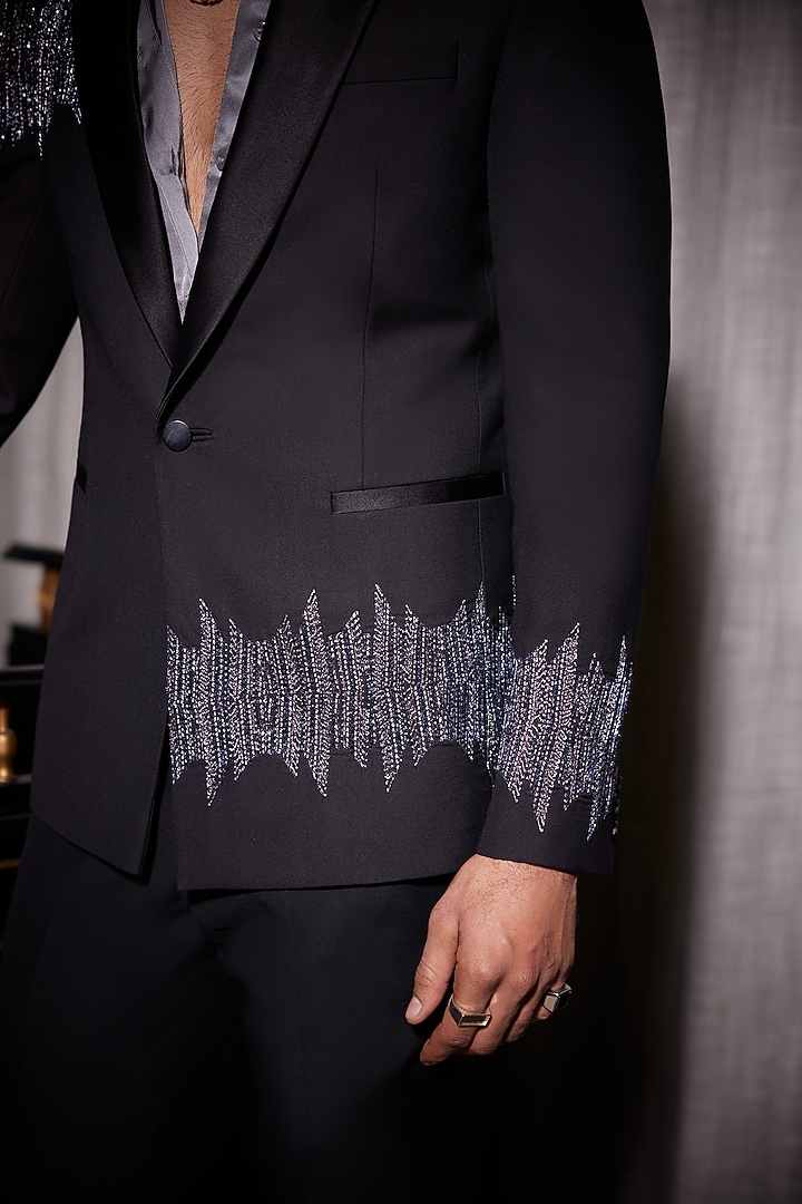 Black Perennial Wool Metallic Embroidered Tuxedo by Philocaly at Pernia's Pop Up Shop