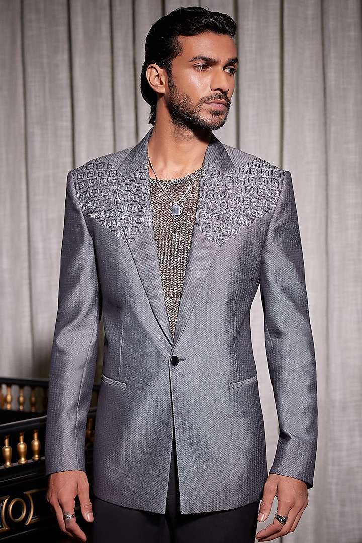 Silver Wool & Silk Blend Zari Embroidered Tuxedo  by Philocaly