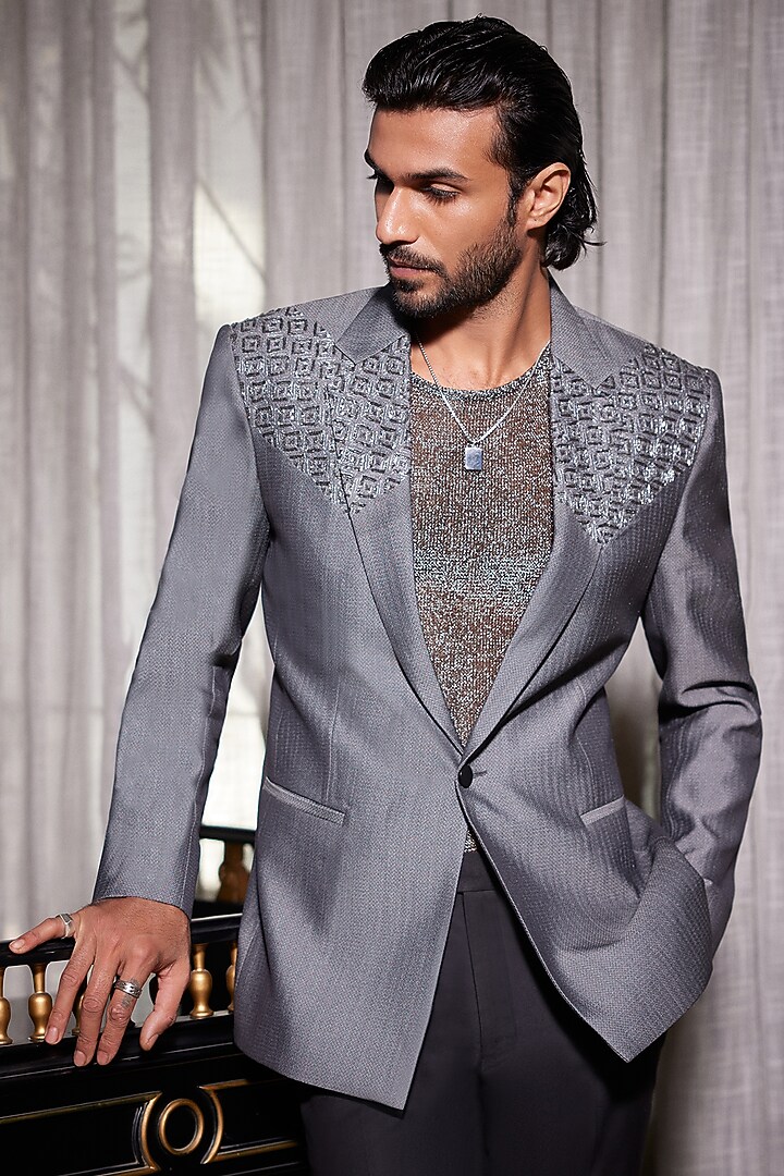 Silver Wool & Silk Blend Zari Embroidered Tuxedo by Philocaly at Pernia's Pop Up Shop