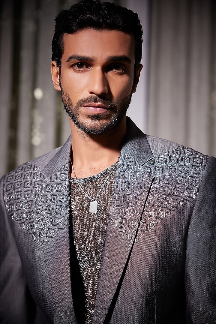 Silver Wool & Silk Blend Zari Embroidered Tuxedo by Philocaly at Pernia's Pop Up Shop
