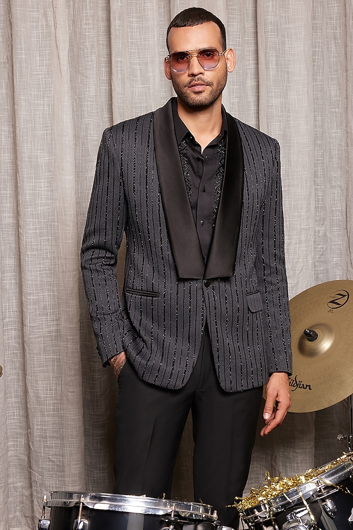 Dark Grey Silk & Wool Blend Embroidered Tuxedo by Philocaly