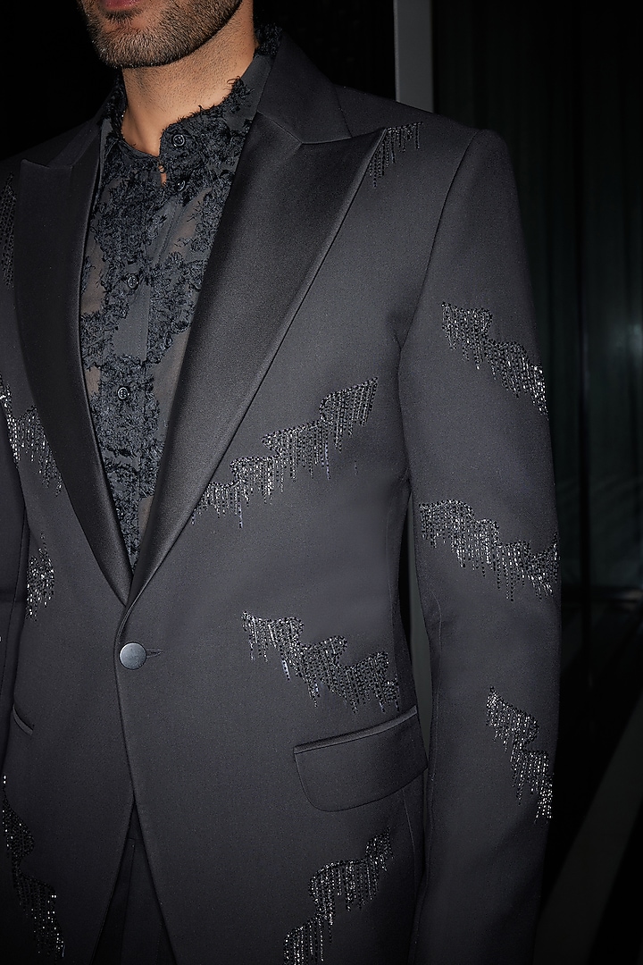 Black Perennial Wool Cutdana Embroidered Tuxedo by Philocaly at Pernia's Pop Up Shop