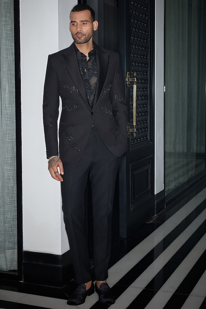 Black Perennial Wool Cutdana Embroidered Tuxedo by Philocaly at Pernia's Pop Up Shop