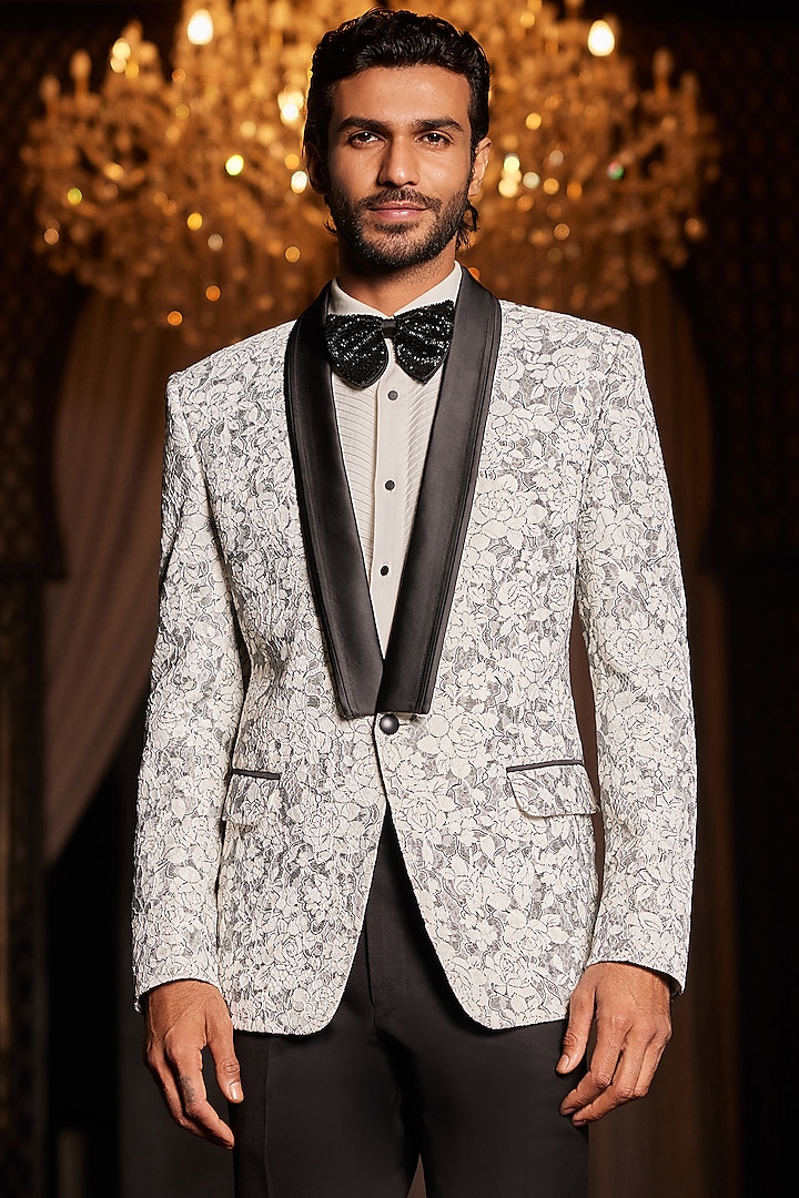 White & Grey Jacquard Tuxedo by Philocaly