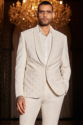 Off-White Silk Cotton Embroidered Tuxedo by Philocaly at