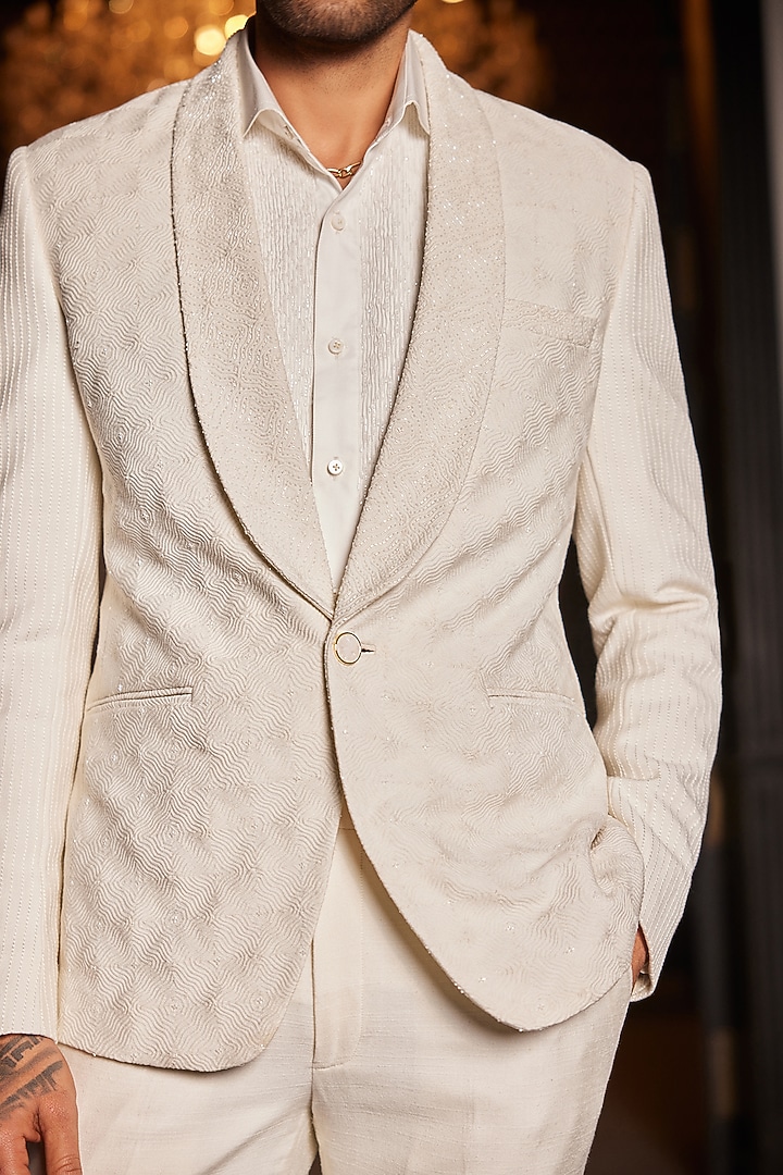 Off-White Silk & Cotton Embroidered Tuxedo by Philocaly at Pernia's Pop Up Shop