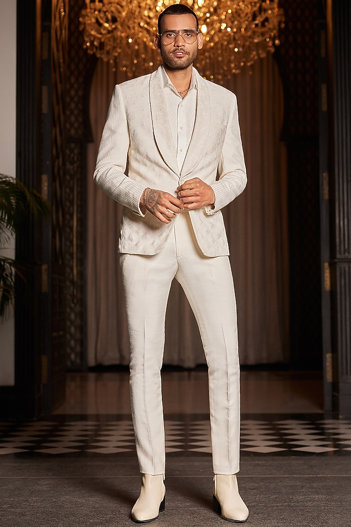 Off-White Silk & Cotton Embroidered Tuxedo by Philocaly at Pernia's Pop Up Shop