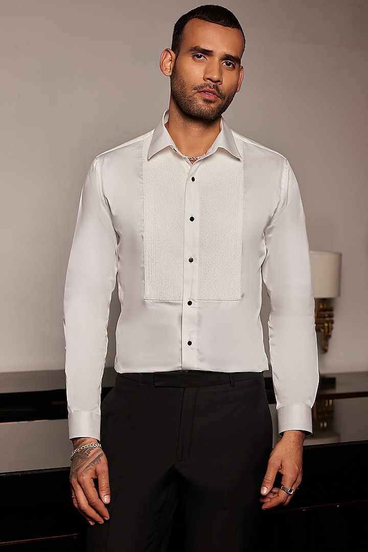 White Cotton Geometric Embroidered Tuxedo Shirt by Philocaly
