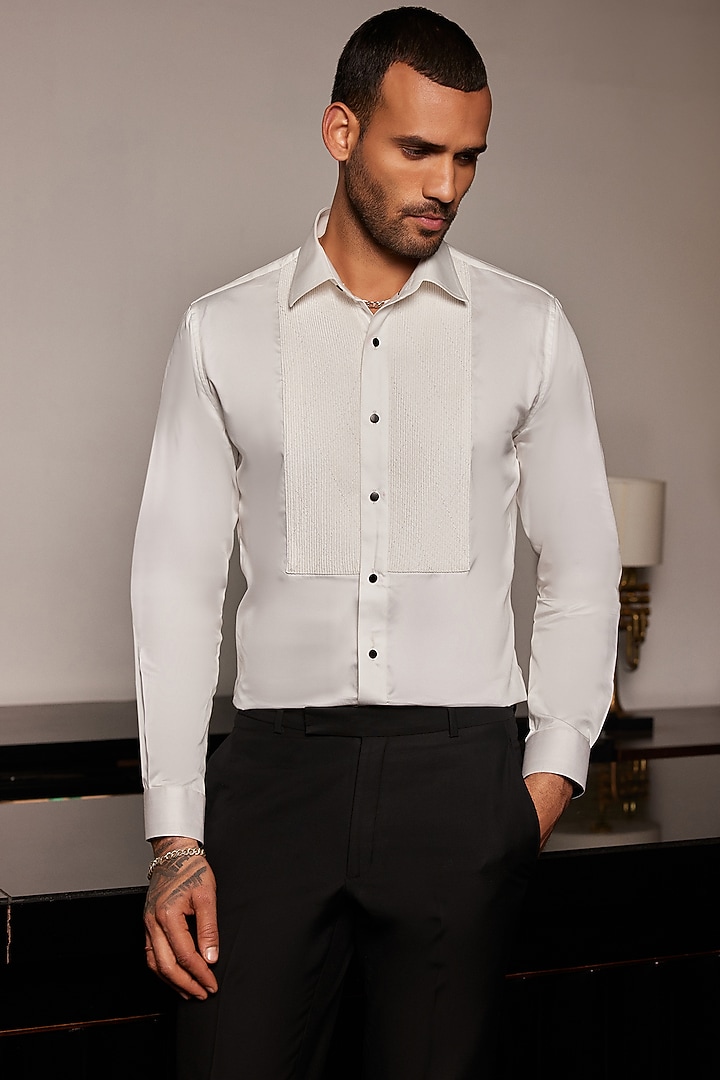 White Cotton Geometric Embroidered Tuxedo Party Wear Shirt by Philocaly at Pernia's Pop Up Shop