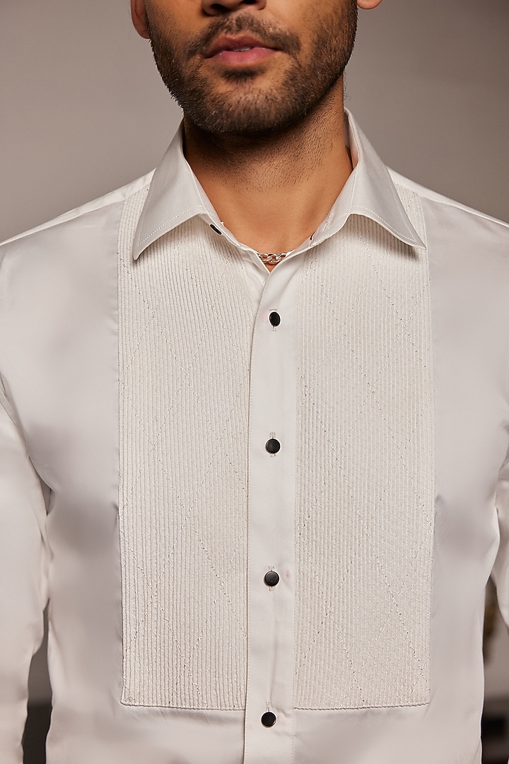 White Cotton Geometric Embroidered Tuxedo Party Wear Shirt by Philocaly at Pernia's Pop Up Shop