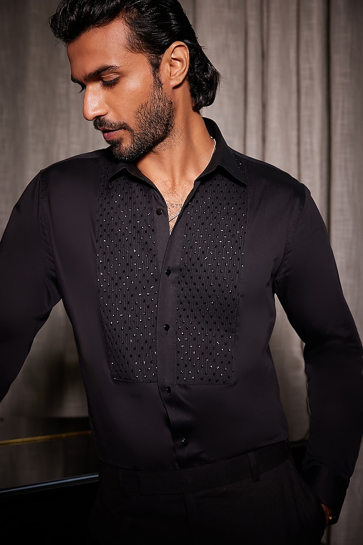 Black Cotton Cutdana Embroidered Tuxedo Wedding Shirt by Philocaly at Pernia's Pop Up Shop