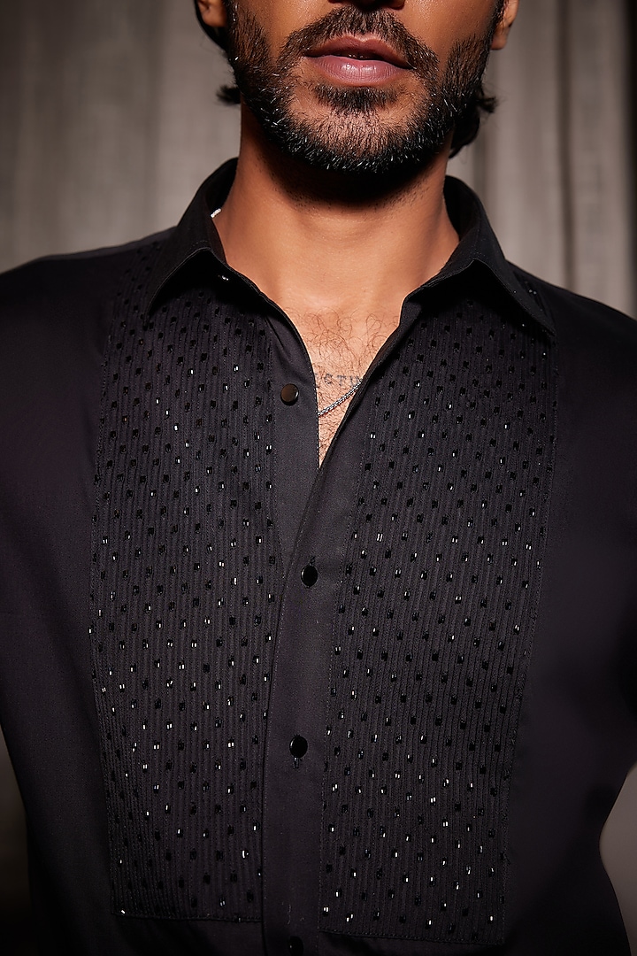 Black Cotton Cutdana Embroidered Tuxedo Wedding Shirt by Philocaly at Pernia's Pop Up Shop
