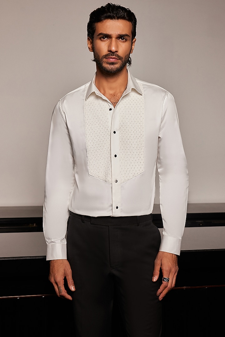 White Cotton Cutdana Embroidered Tuxedo Wedding Shirt by Philocaly at Pernia's Pop Up Shop
