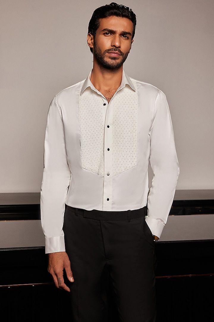 White Cotton Cutdana Embroidered Tuxedo Wedding Shirt by Philocaly at Pernia's Pop Up Shop