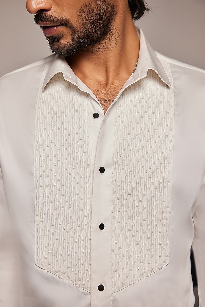 White Cotton Cutdana Embroidered Tuxedo Wedding Shirt by Philocaly at Pernia's Pop Up Shop