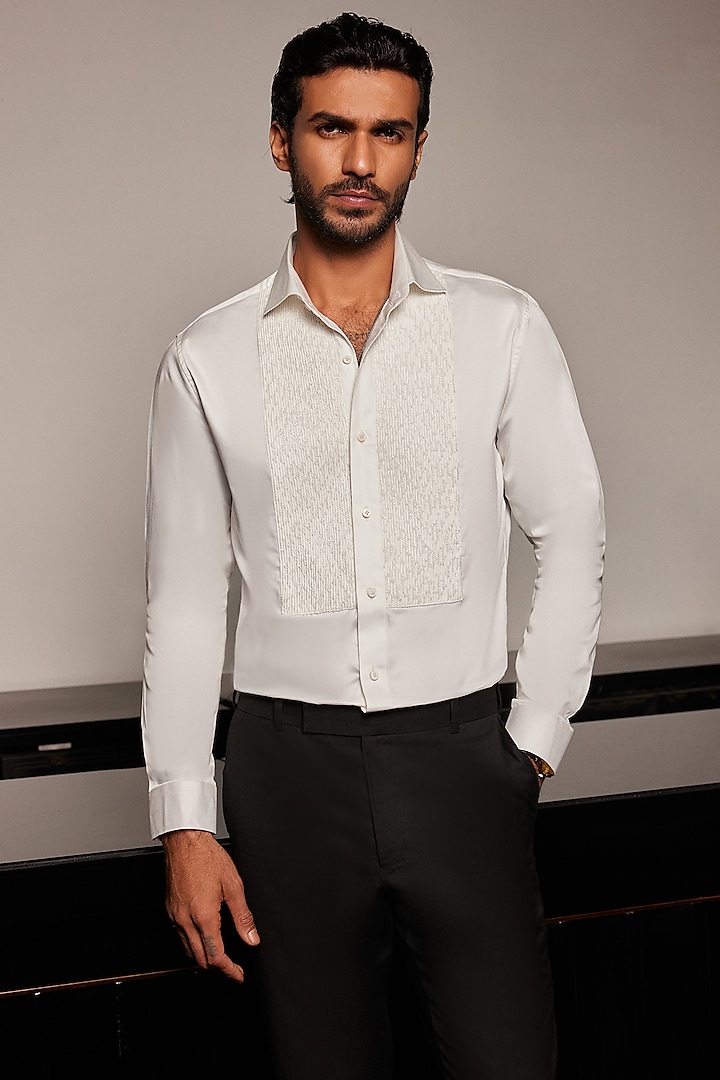 White Cotton Cutdana Embroidered Tuxedo Shirt by Philocaly