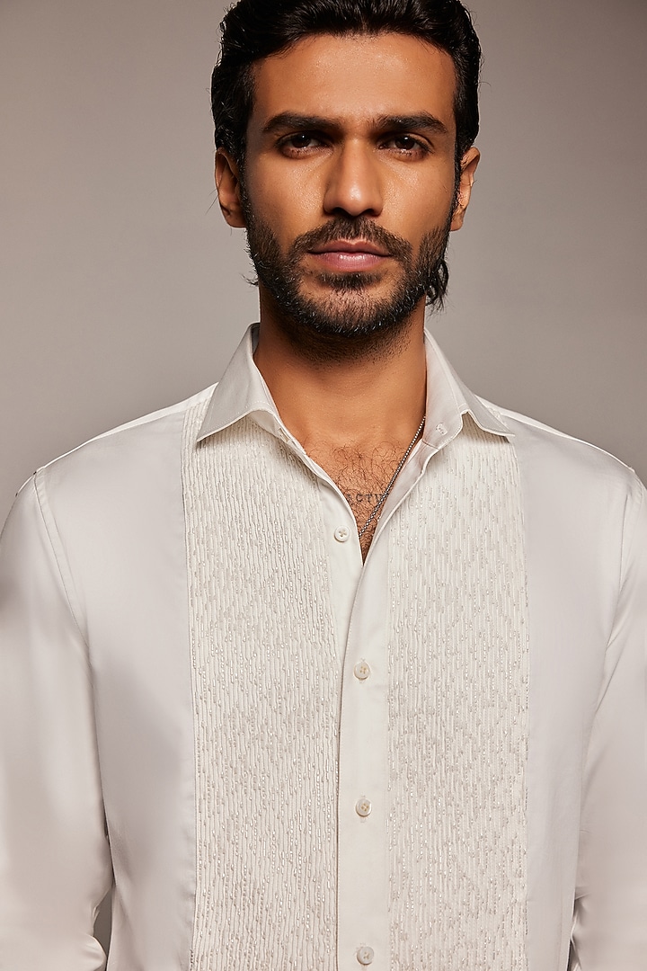 White Cotton Cutdana Embroidered Tuxedo Wedding Shirt by Philocaly at Pernia's Pop Up Shop