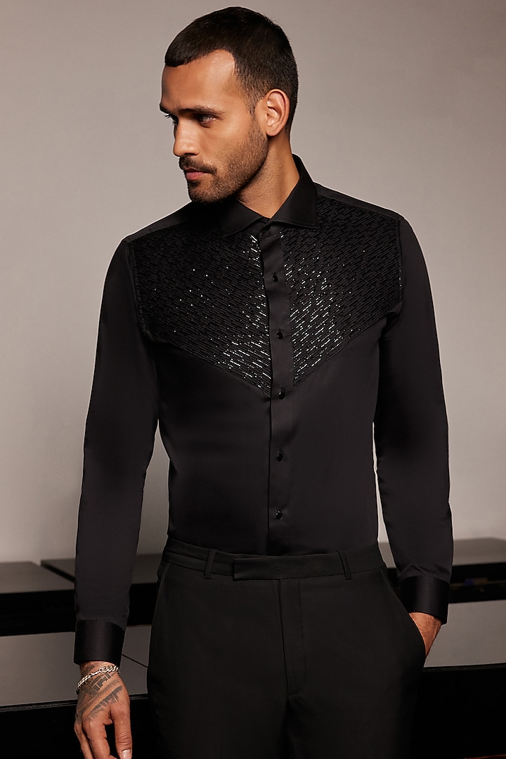 Black Cotton Cutdana Embroidered Tuxedo Shirt by Philocaly