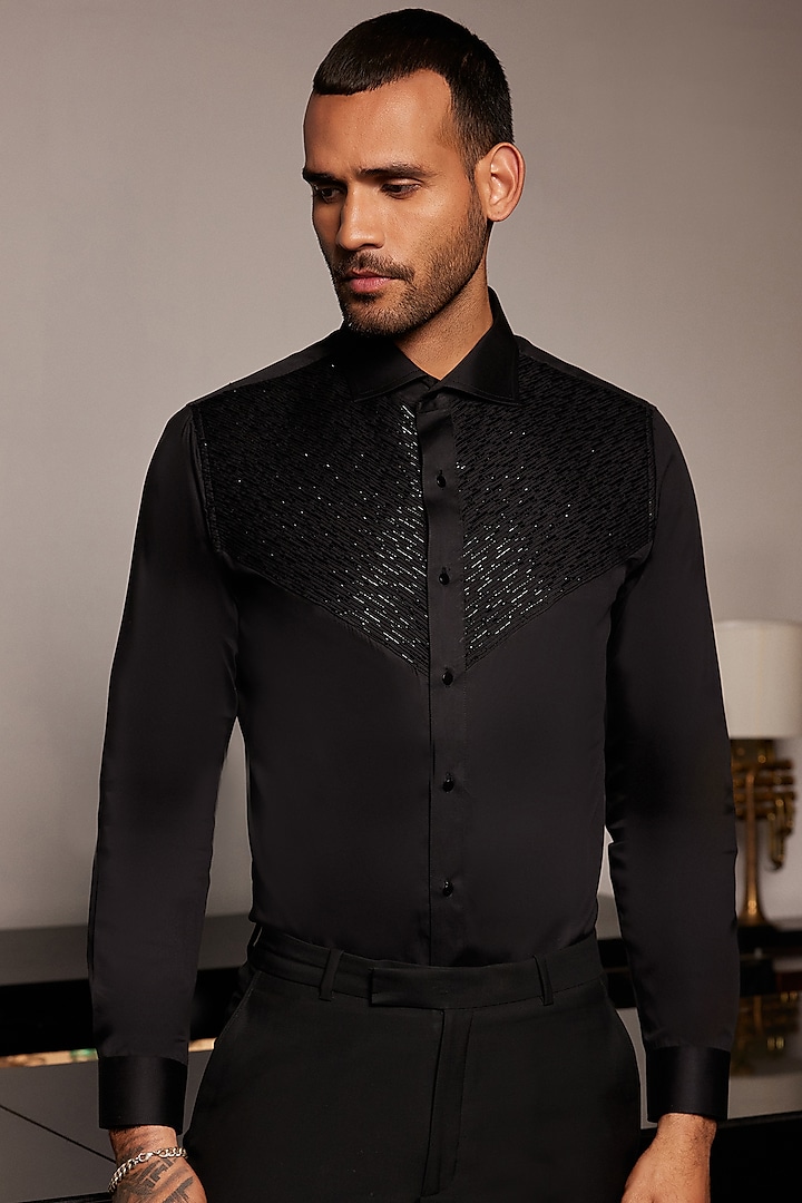 Black Cotton Cutdana Embroidered Tuxedo Wedding Shirt by Philocaly at Pernia's Pop Up Shop