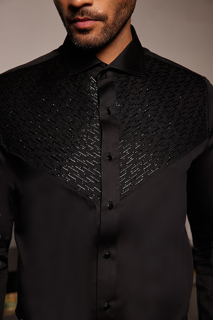 Black Cotton Cutdana Embroidered Tuxedo Wedding Shirt by Philocaly at Pernia's Pop Up Shop