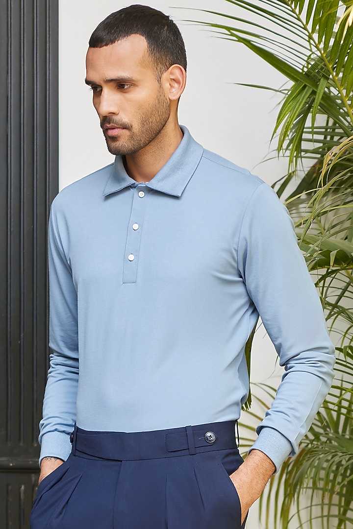 Blue Knitted Fabric Polo T-Shirt  by Philocaly