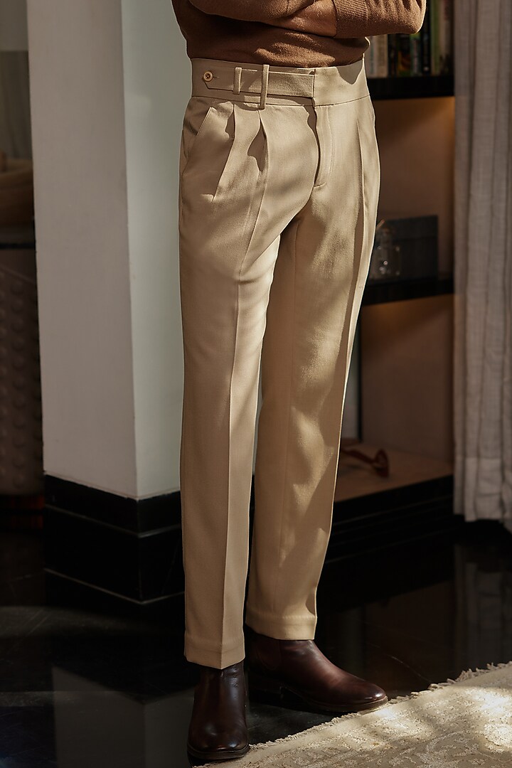 Beige Wool Blend High-Waisted Trousers by Philocaly