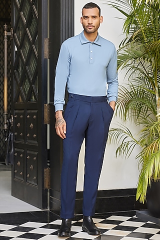 Navy Blue Wool Blend High-Waisted Trousers by Philocaly