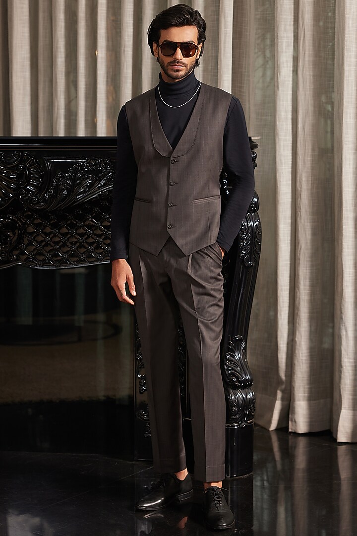 Taupe Wool Blend Waistcoat by Philocaly at Pernia's Pop Up Shop